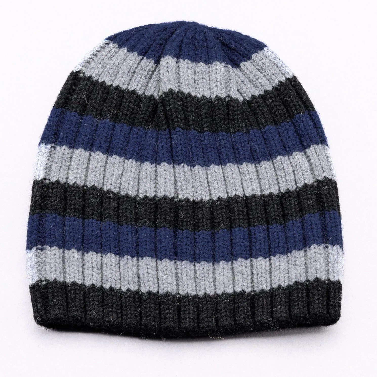 1, 2, 3.  GO! Jumbo Rib Trio Stripe Pure Merino Wool Beanie - Dark Denim Blue