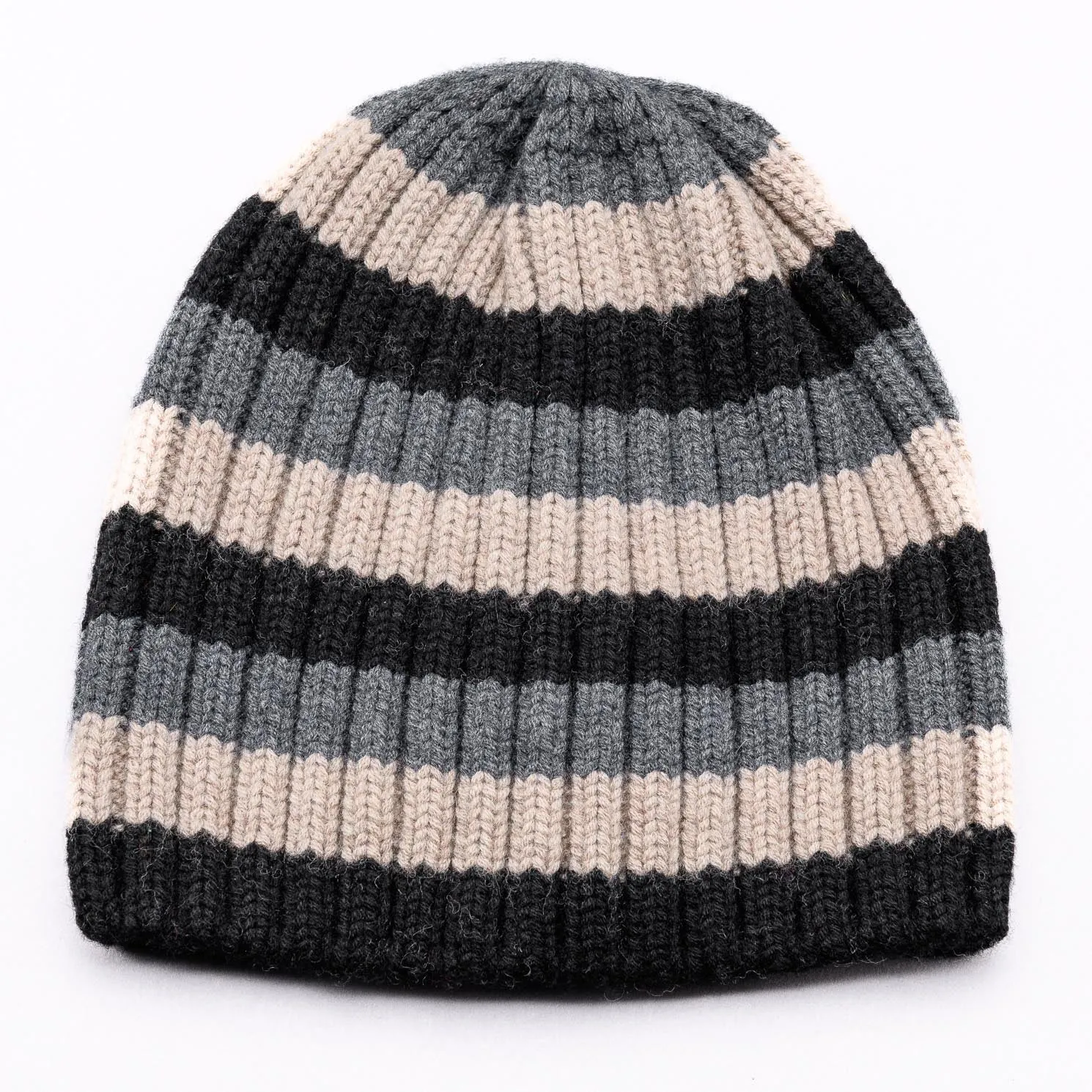 1, 2, 3.  GO! Jumbo Rib Trio Stripe Pure Merino Wool Beanie - Pressed Metal Grey