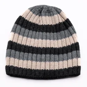 1, 2, 3.  GO! Jumbo Rib Trio Stripe Pure Merino Wool Beanie - Pressed Metal Grey