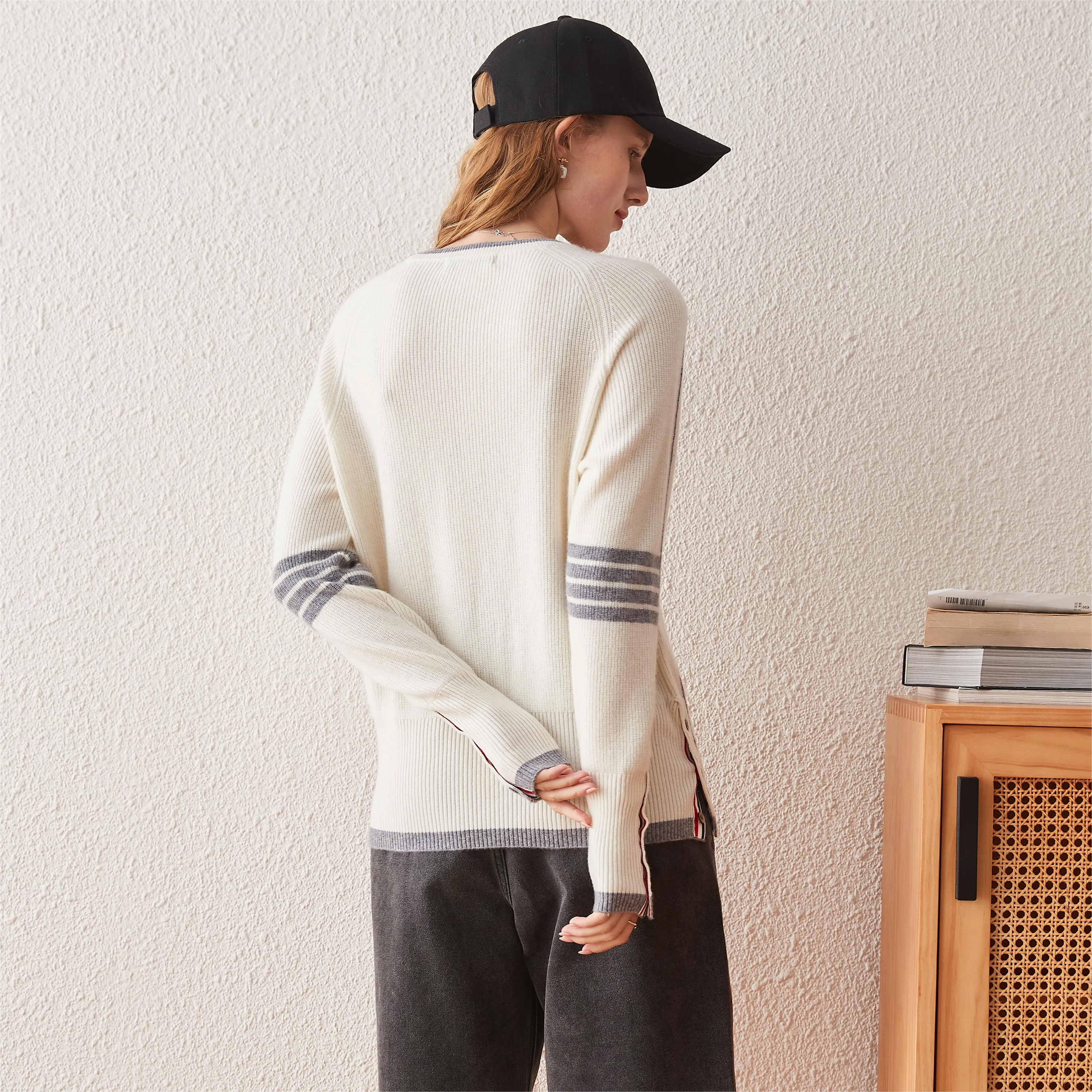 100% Cashmere Striped Sleeve Round Neck Sweater