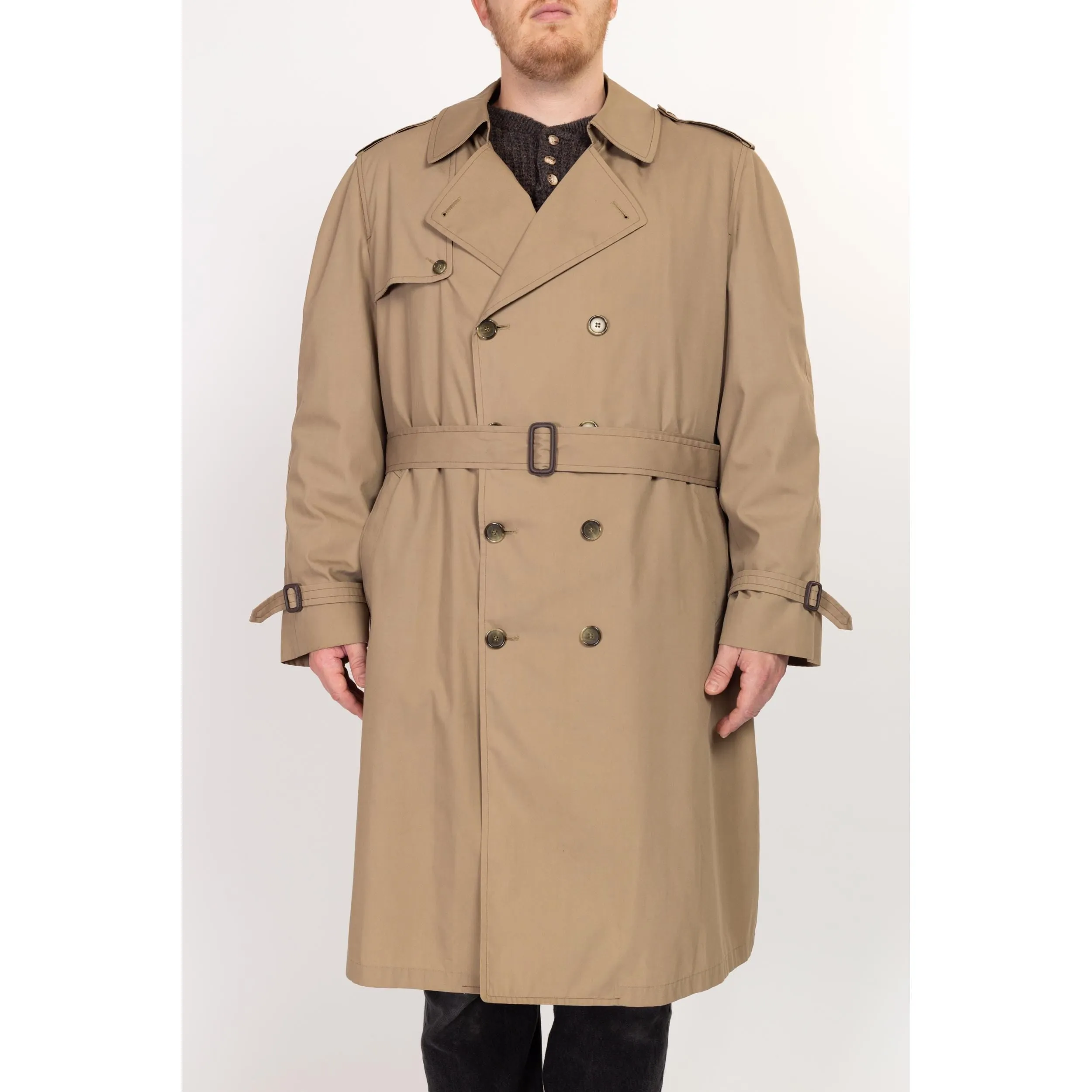 2X 80s London Fog Maincoats Khaki Belted Trench Coat 54 Long