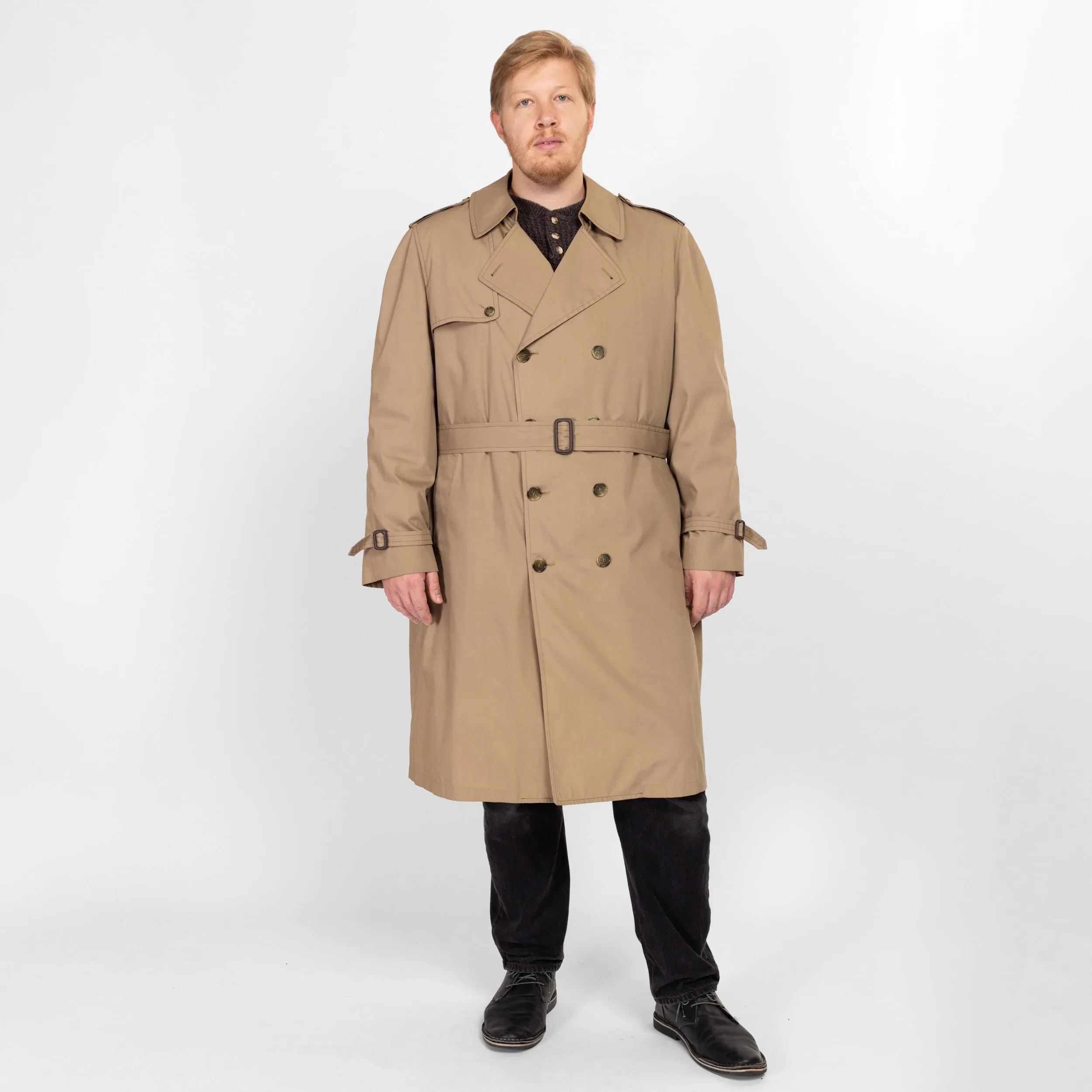 2X 80s London Fog Maincoats Khaki Belted Trench Coat 54 Long