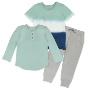 3-Piece Organic Cotton Henley, Short Sleeve T-Shirt and Sweatpant Set