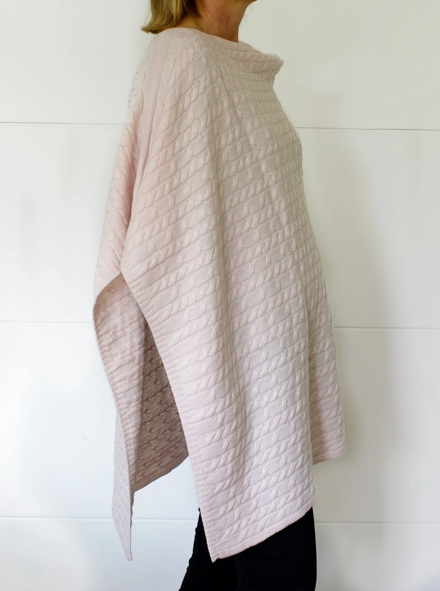 3-Ply Cable Knit Poncho - Palest Pink