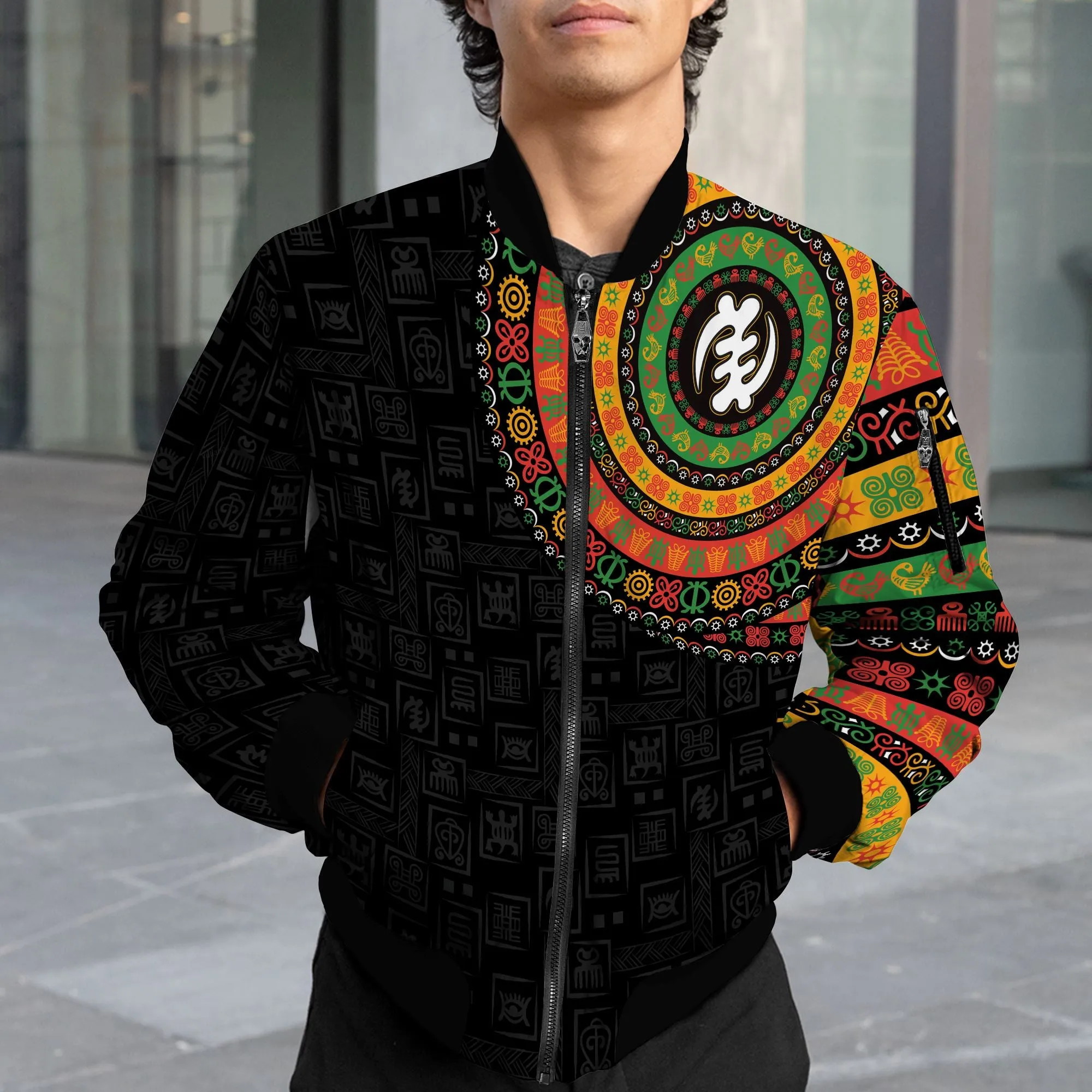 Adinkra Symbols Print Sleeve Bomber Jacket