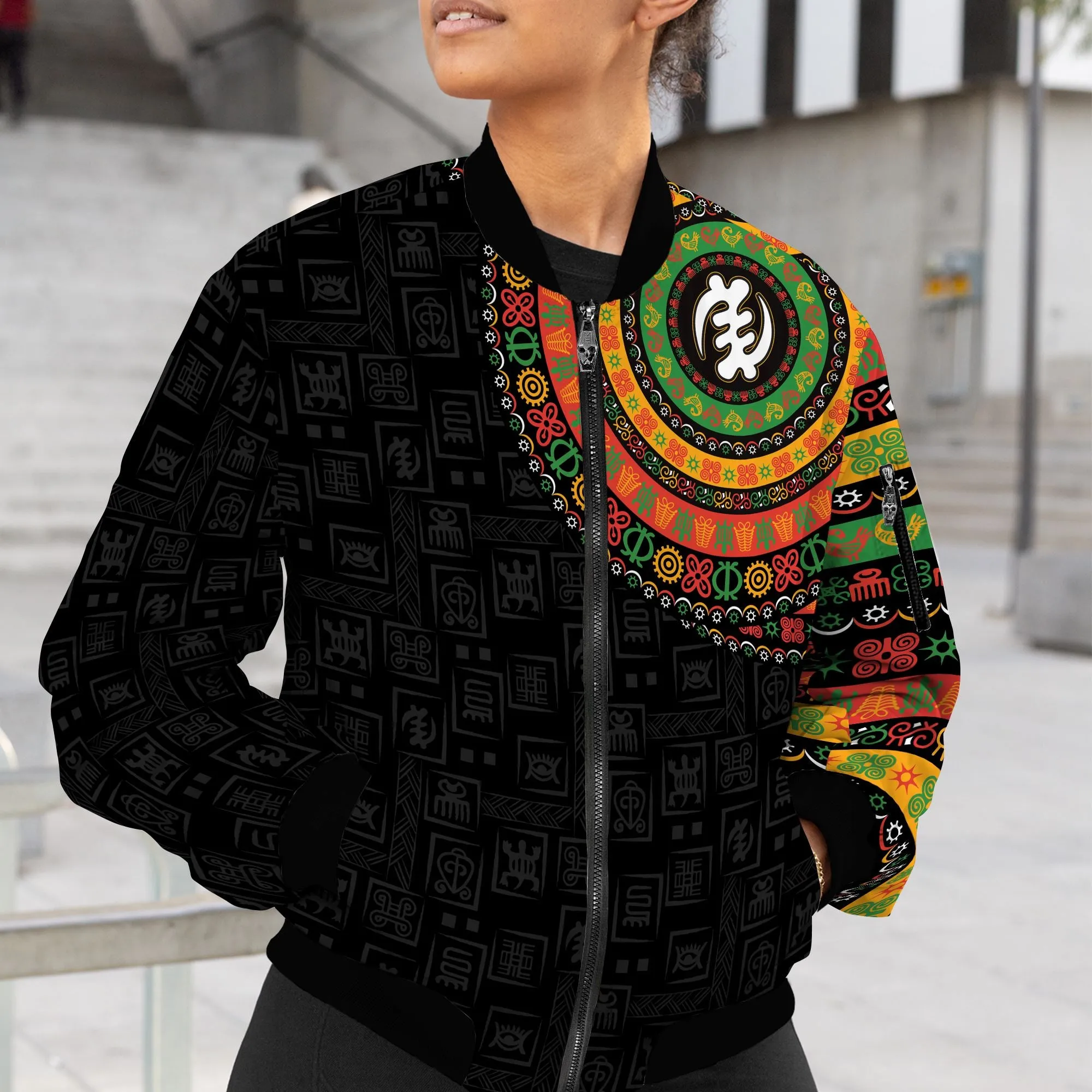 Adinkra Symbols Print Sleeve Bomber Jacket