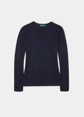 Alice Ladies Cotton Cashmere Vee Neck Jumper In Dark Navy