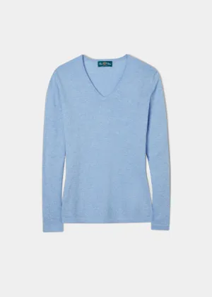 Alice Ladies Cotton Cashmere Vee Neck Jumper In Steel Blue