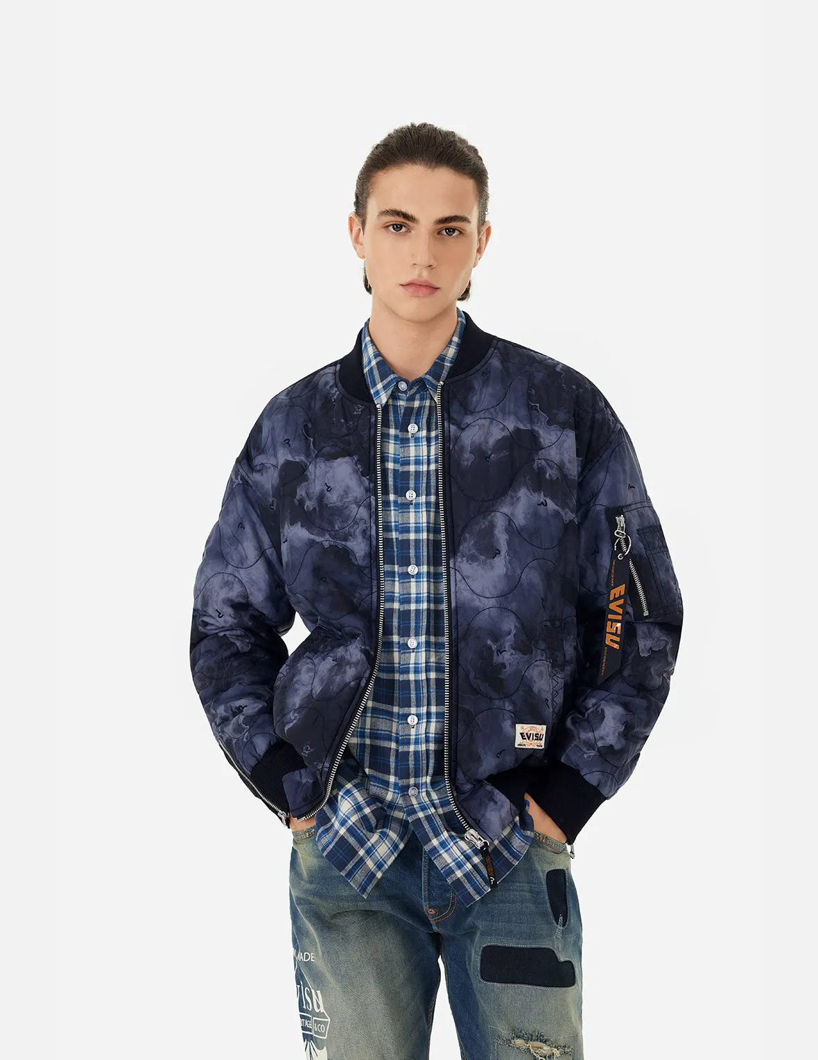 Allover Seagull Embroidery Tie-Dye Loose Fit Padded Bomber Jacket