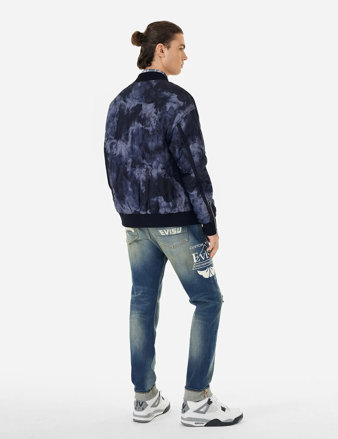 Allover Seagull Embroidery Tie-Dye Loose Fit Padded Bomber Jacket