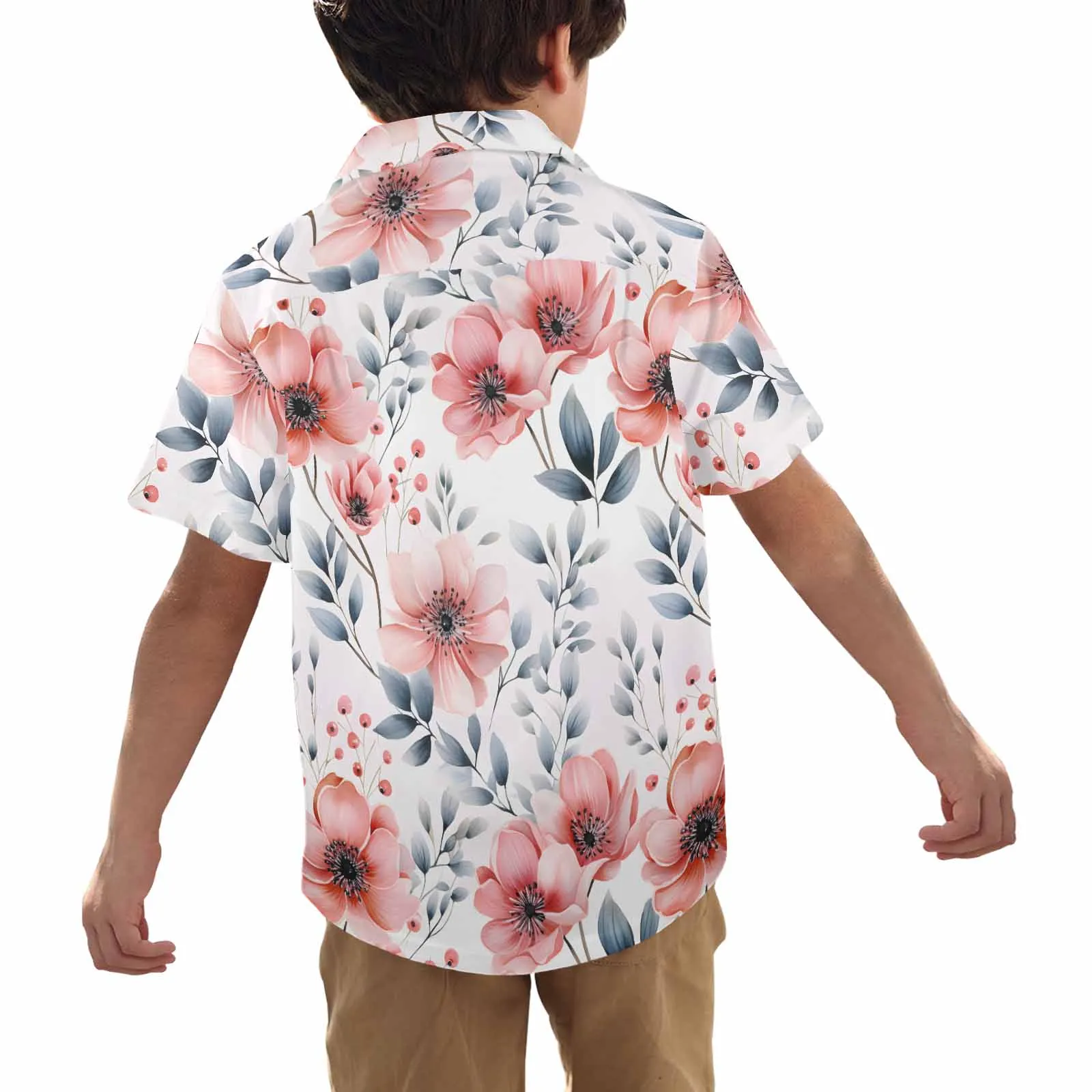 Apricot and Grey Floral  Little Boys&#039; Hawaiian Shirt (Model T58)