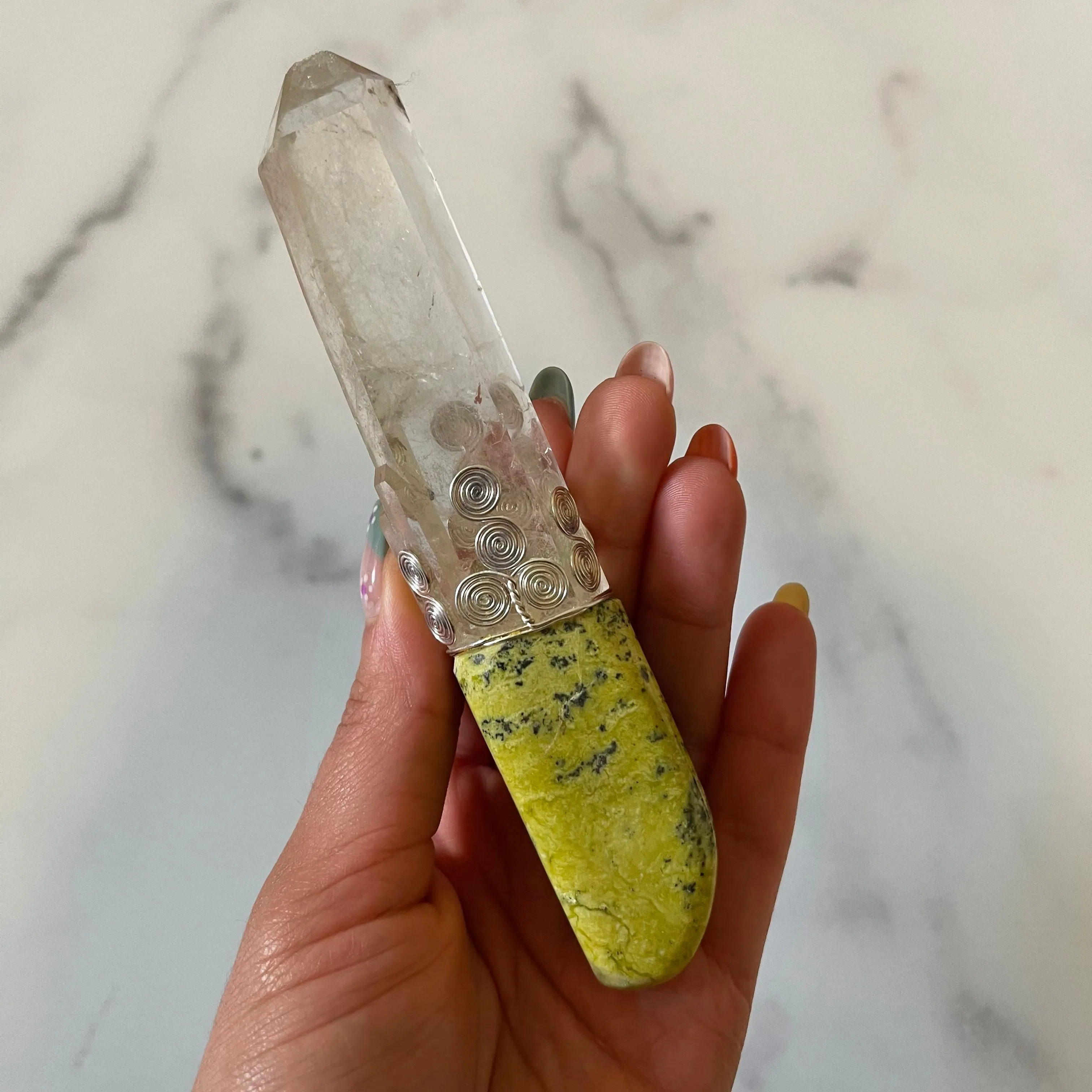 Atlantasite, Healerite & Clear Quartz Crystal Wand