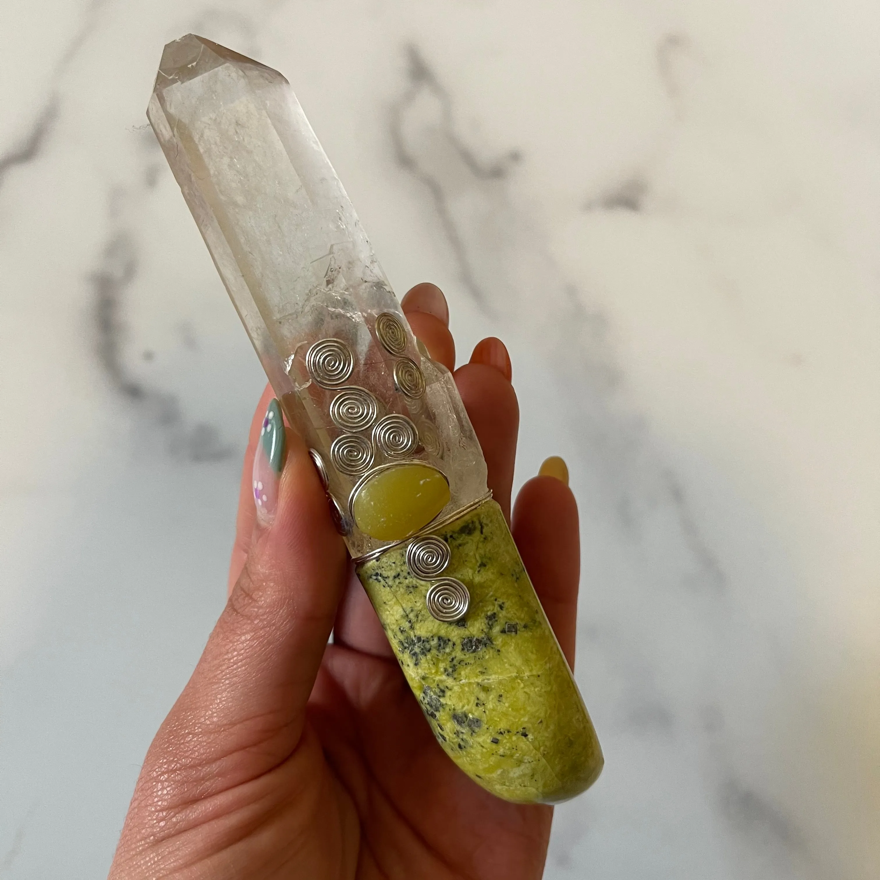 Atlantasite, Healerite & Clear Quartz Crystal Wand