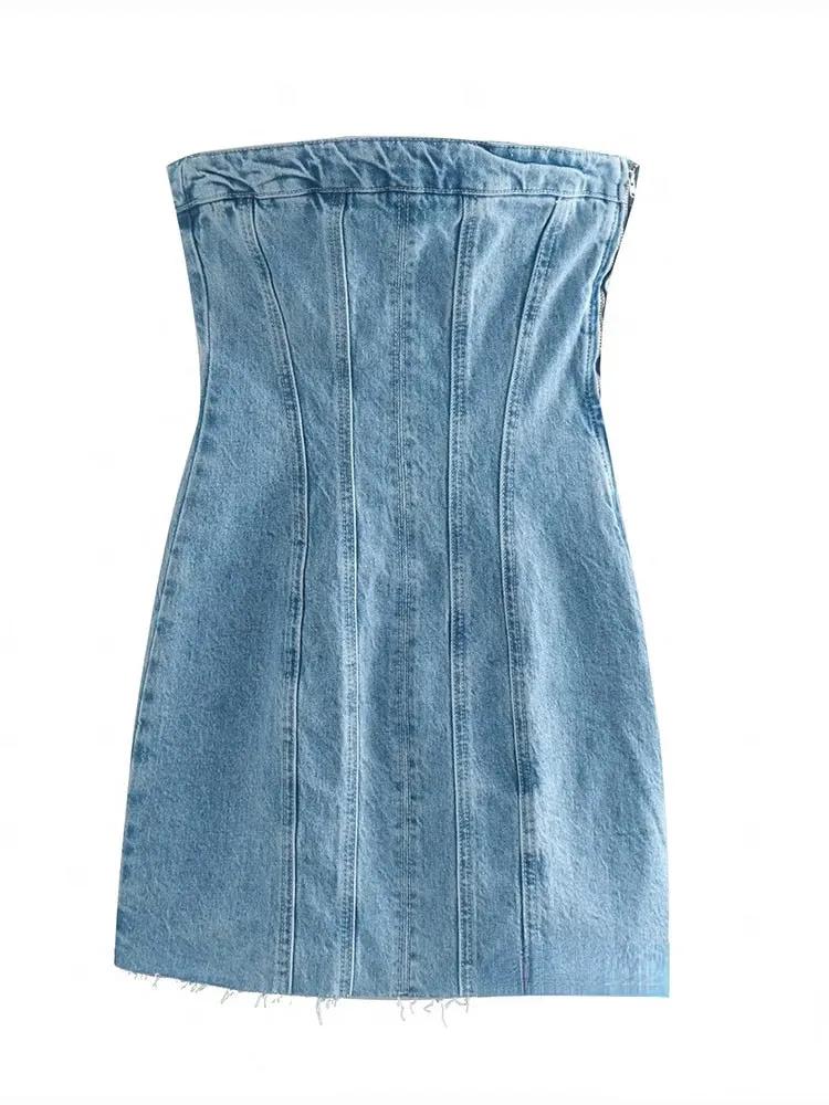 Bare-Shoulder Blue Denim Dress