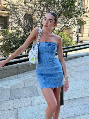 Bare-Shoulder Blue Denim Dress