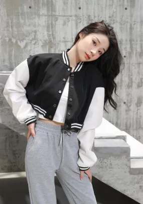 Baseball Leather Sleeve Cropped Fashion Varsity Jacket For Women