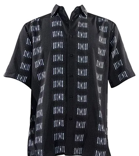 Bassiri - White Cubes, Button Front Short Sleeve Square Hem Black Casual Shirt