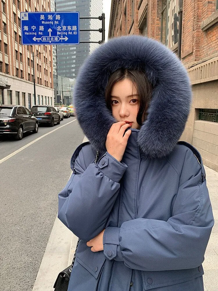 Black Friday Sales  New Fashion Down Jacket Women Medium Length Thickened Fox Hair Collar Slim Knee Hooded Warm Outdoor Coat