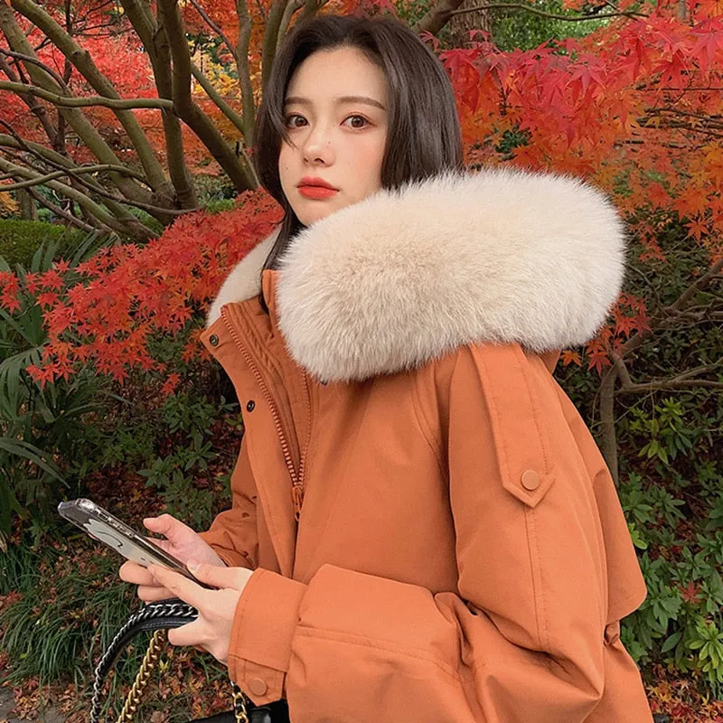 Black Friday Sales  New Fashion Down Jacket Women Medium Length Thickened Fox Hair Collar Slim Knee Hooded Warm Outdoor Coat