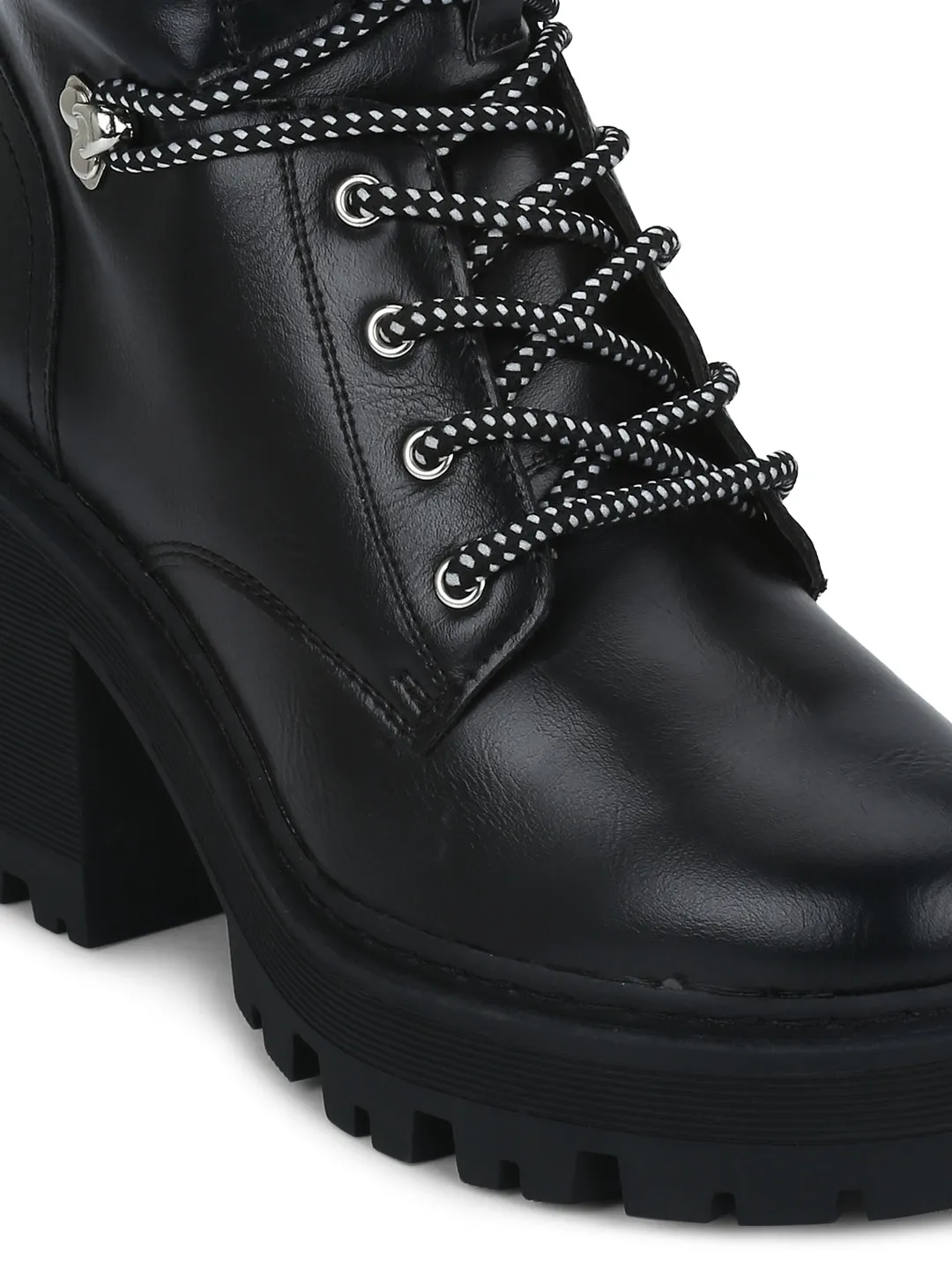 Black Pu Lace Up Block Heel Ankle Boots