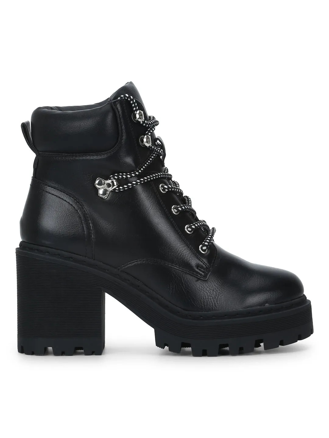 Black Pu Lace Up Block Heel Ankle Boots