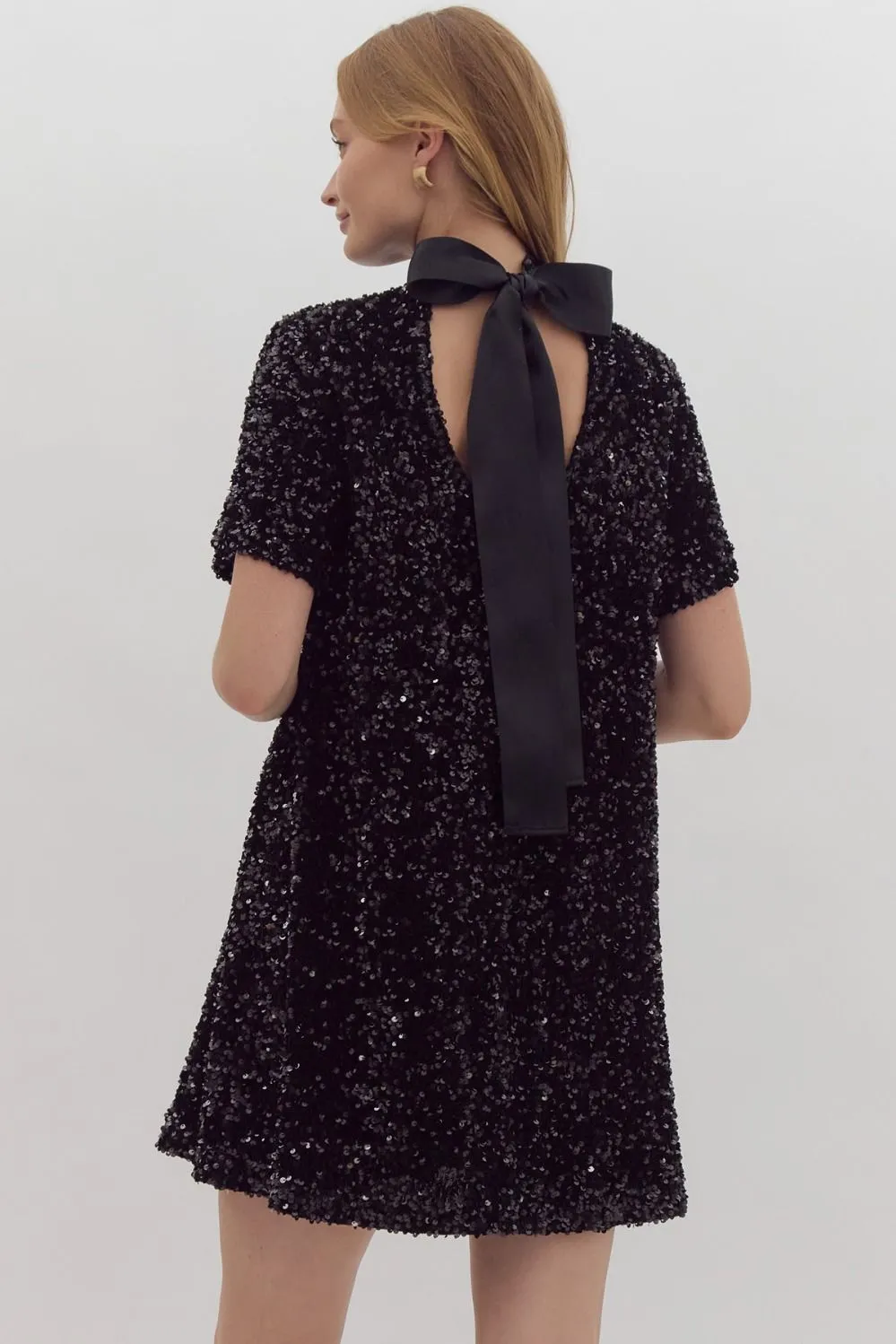 Black Sequin Dress w/ Silk Bow Neck Tie Detail