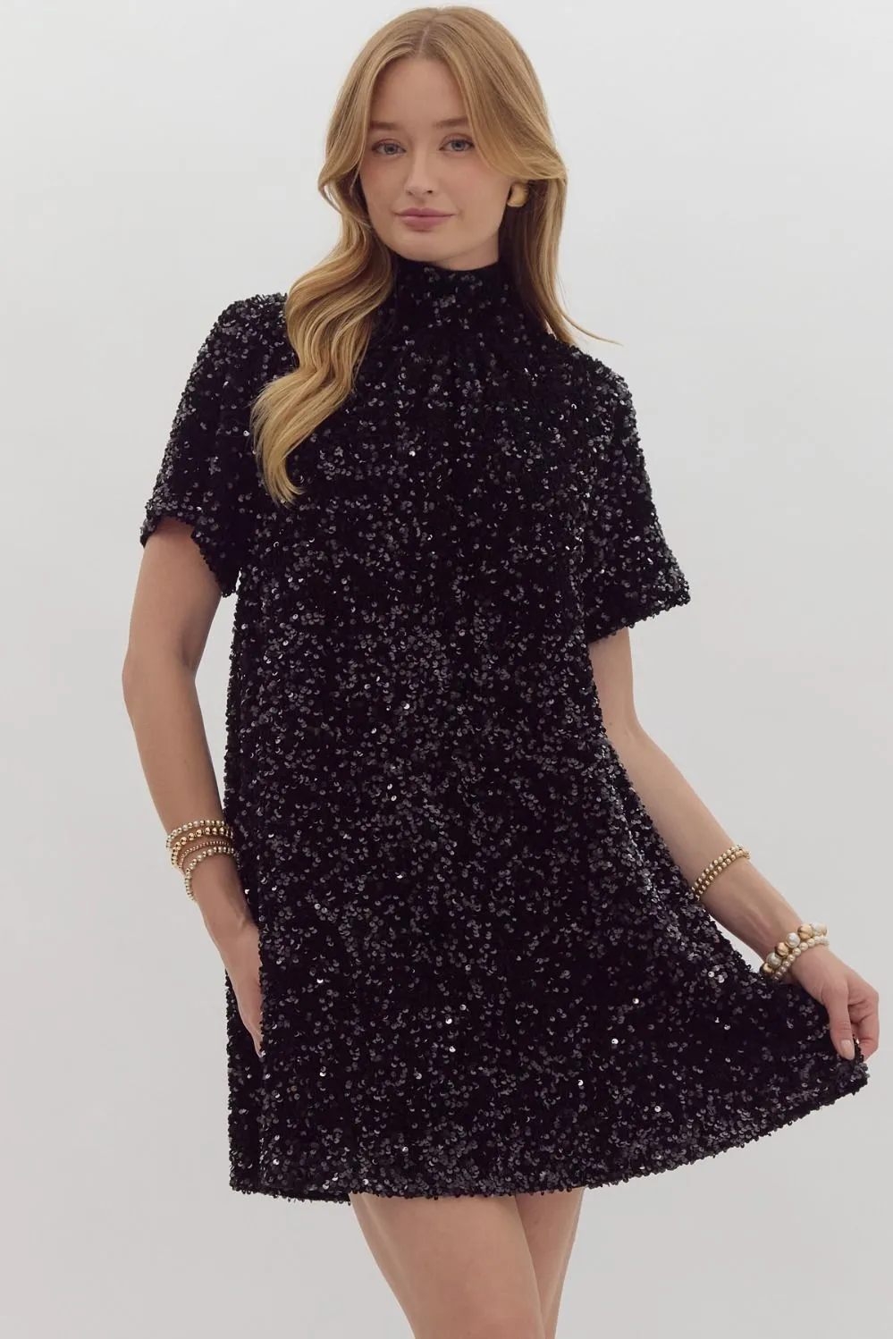 Black Sequin Dress w/ Silk Bow Neck Tie Detail