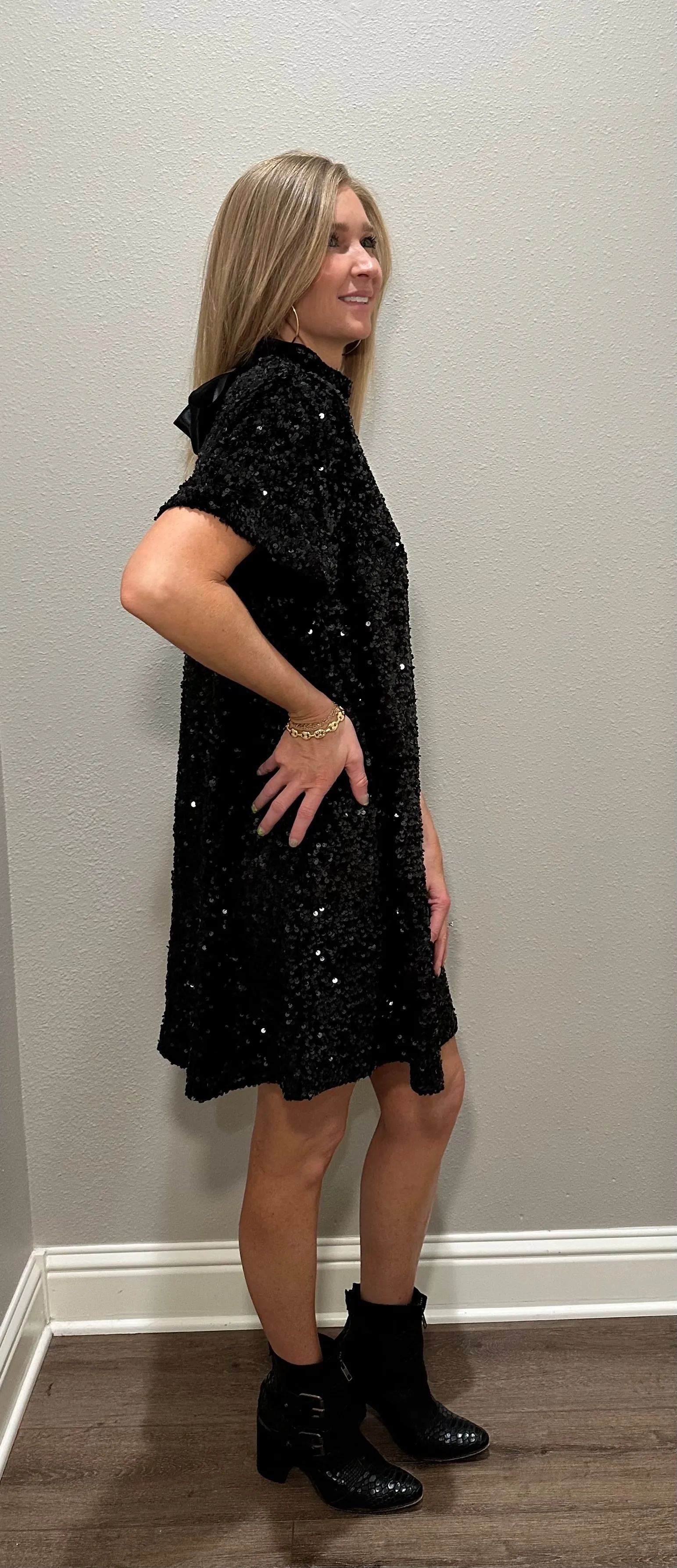 Black Sequin Dress w/ Silk Bow Neck Tie Detail