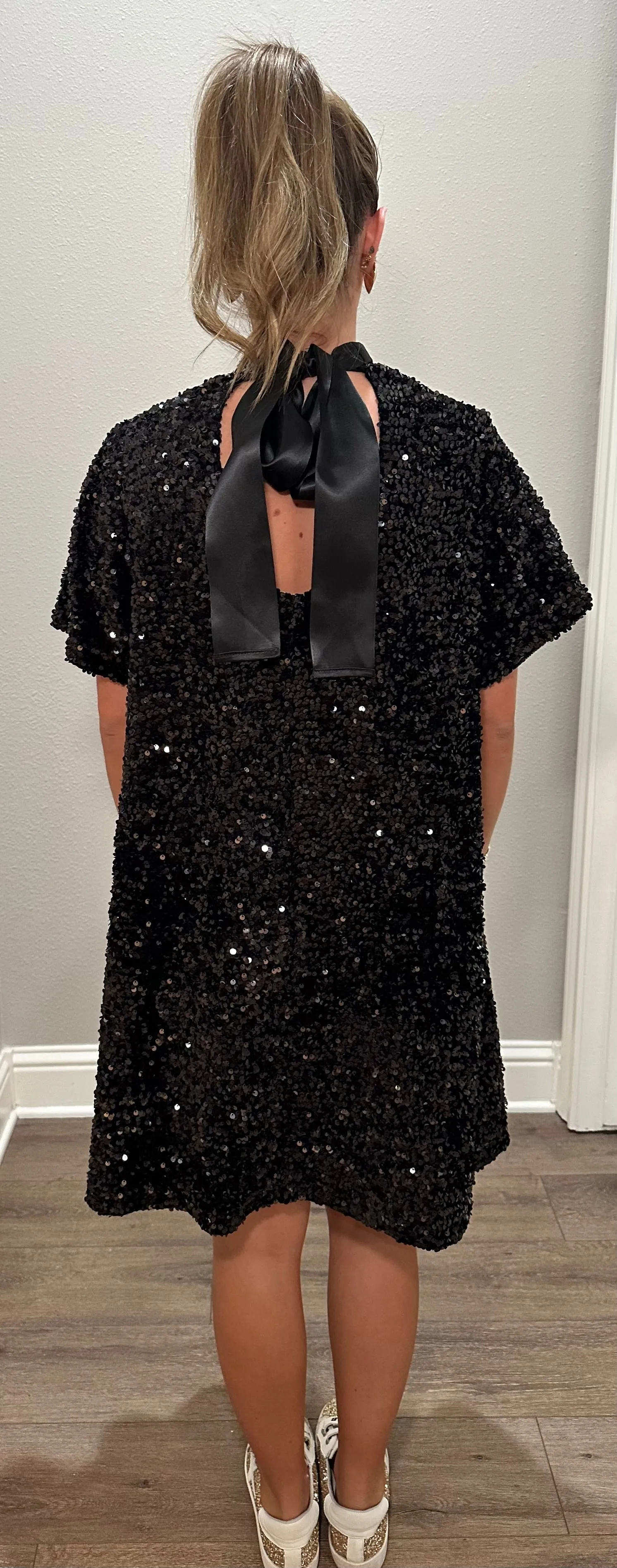 Black Sequin Dress w/ Silk Bow Neck Tie Detail