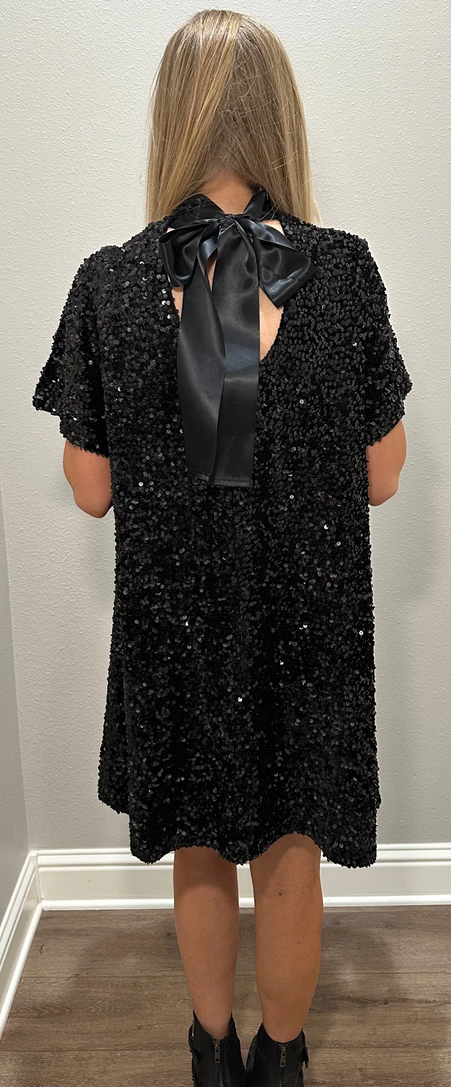 Black Sequin Dress w/ Silk Bow Neck Tie Detail