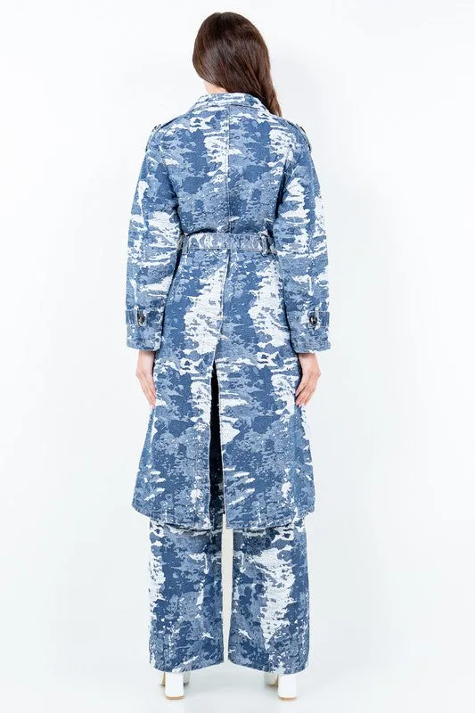 Blue Combo Jacquard Trim Long Trench Coat