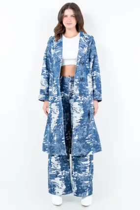 Blue Combo Jacquard Trim Long Trench Coat