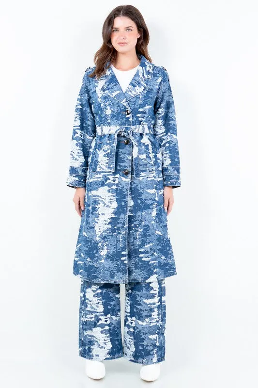 Blue Combo Jacquard Trim Long Trench Coat