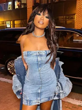 Blue Denim Bodycon Dress for Women 2023 Autumn Y2k Street Fashion Tube Top Mini Dresses Sexy Club Outfits C87-EF39