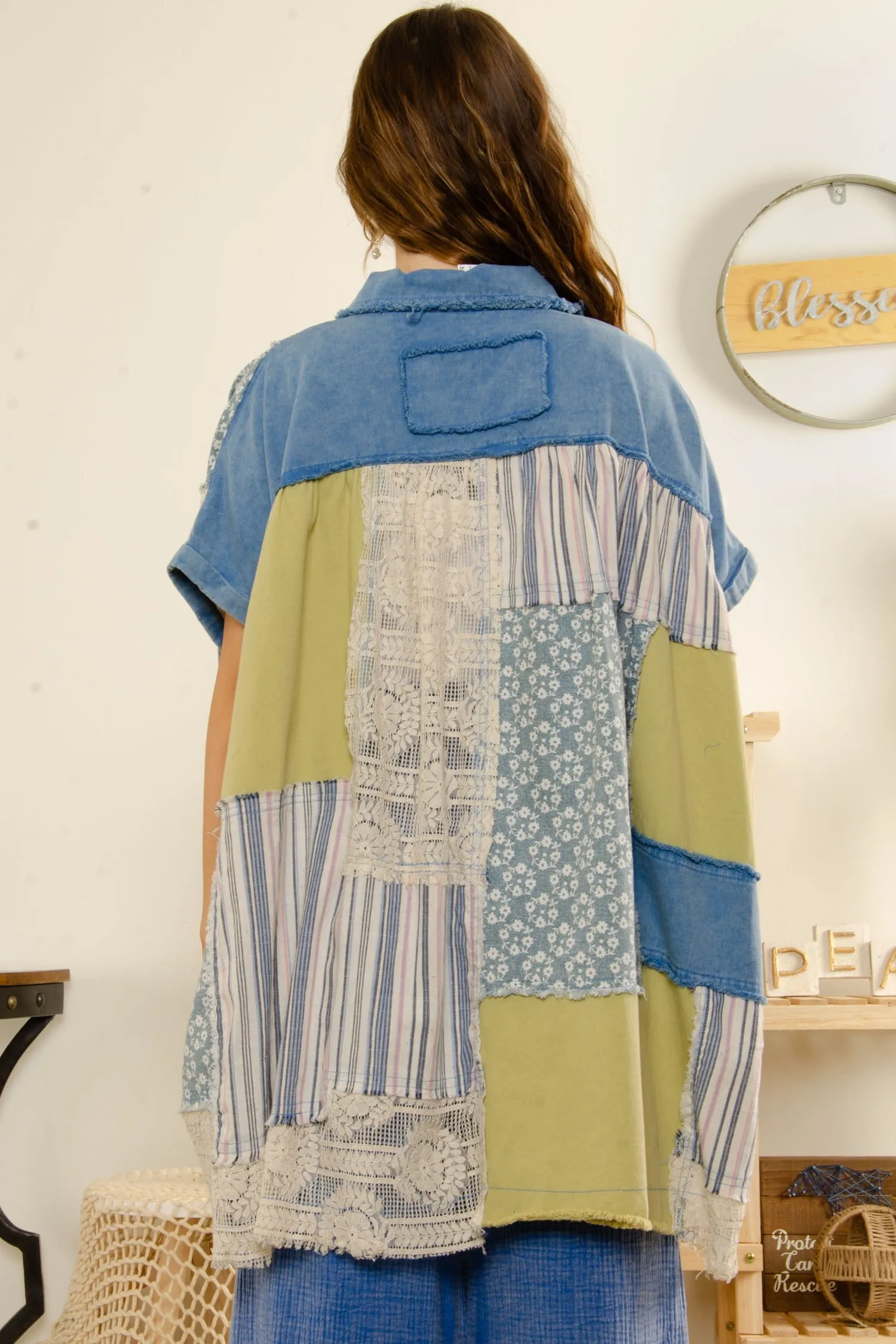 BlueVelvet Multi Printed Fabric Button Down Poncho Top in Blue Combo