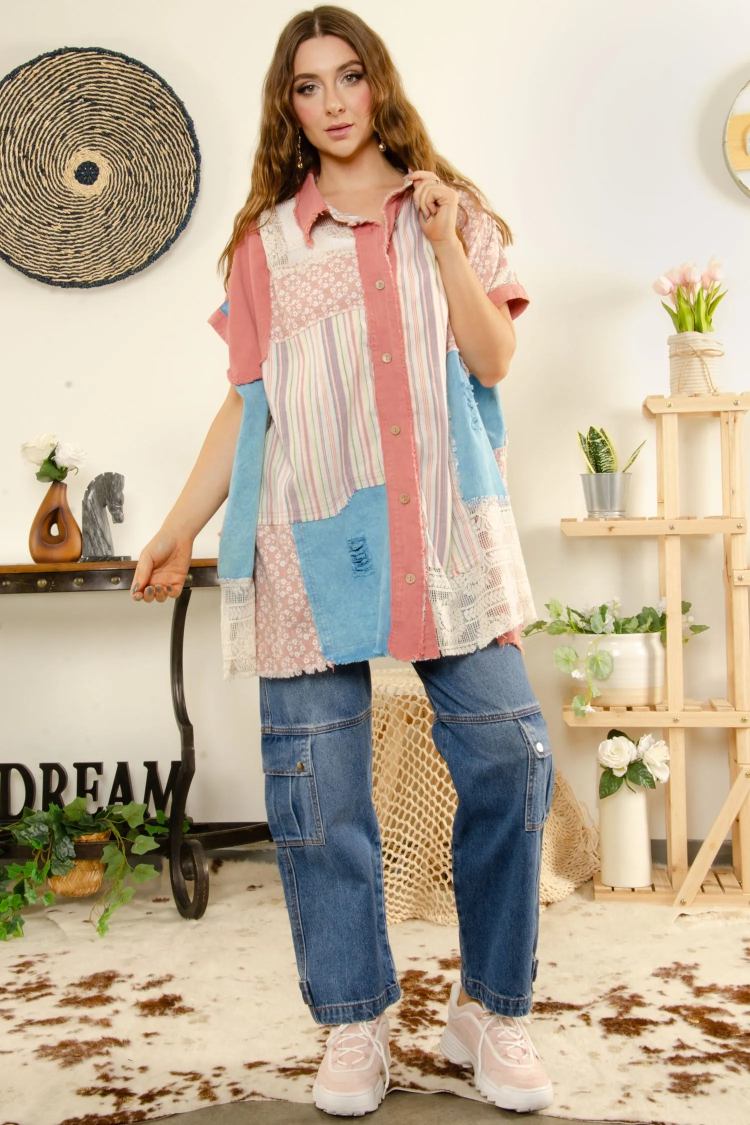 BlueVelvet Multi Printed Fabric Button Down Poncho Top in Pink Combo ON ORDER