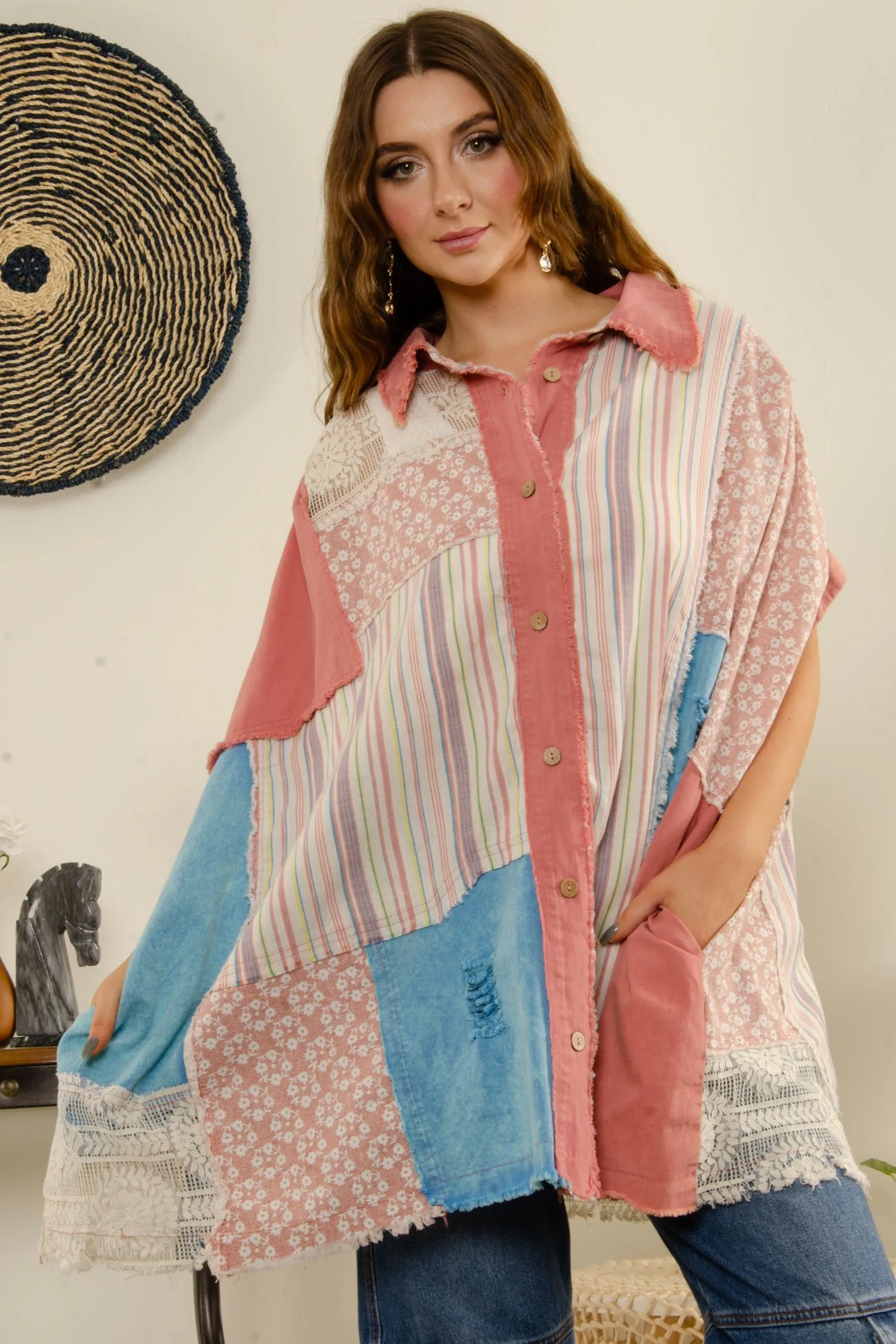 BlueVelvet Multi Printed Fabric Button Down Poncho Top in Pink Combo ON ORDER