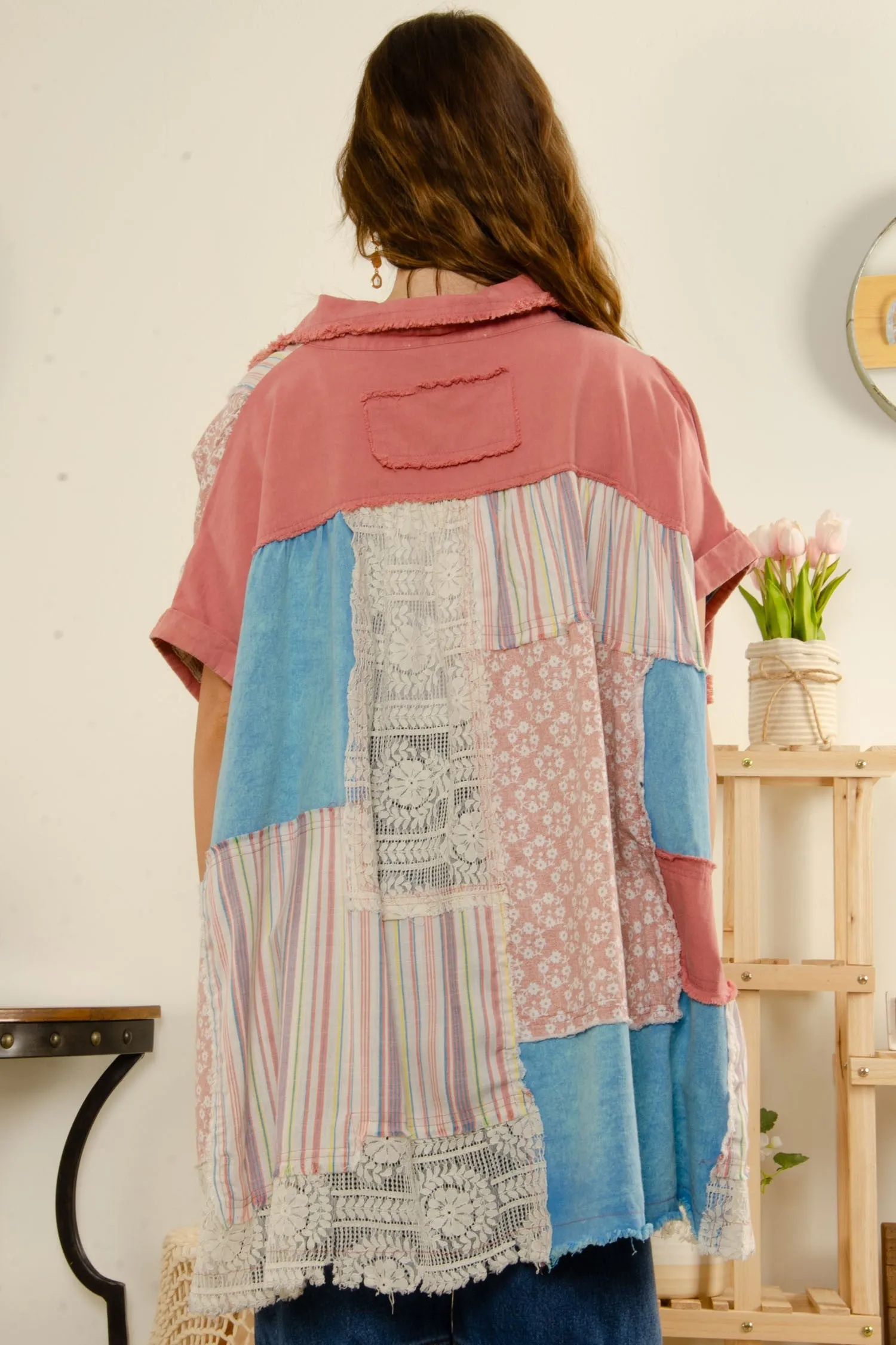 BlueVelvet Multi Printed Fabric Button Down Poncho Top in Pink Combo ON ORDER