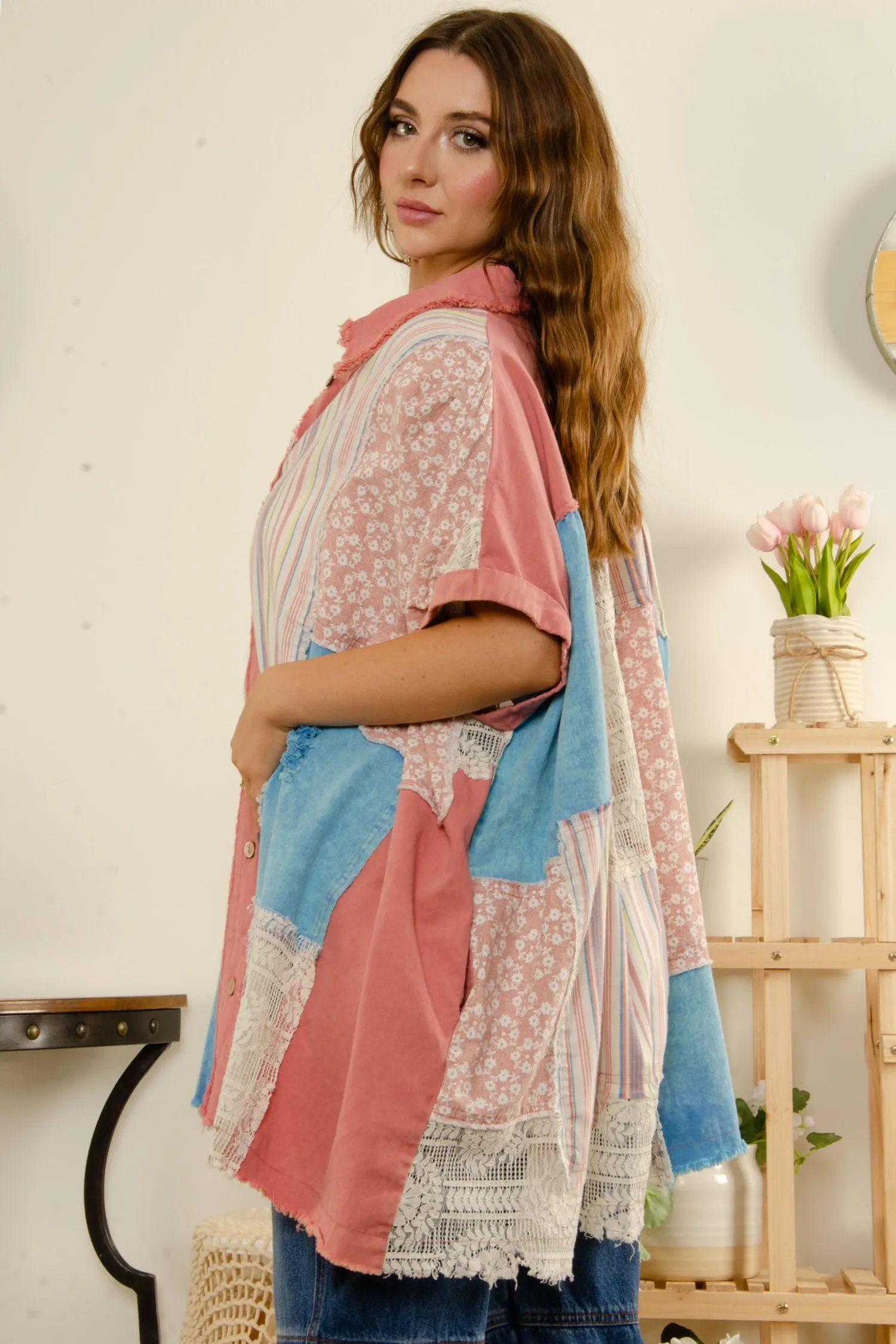 BlueVelvet Multi Printed Fabric Button Down Poncho Top in Pink Combo ON ORDER