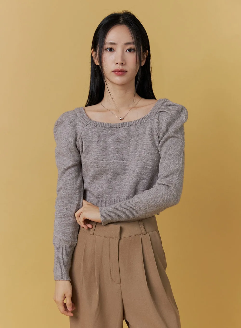 Boat Neck Puff Sleeve Crop Sweater ON306