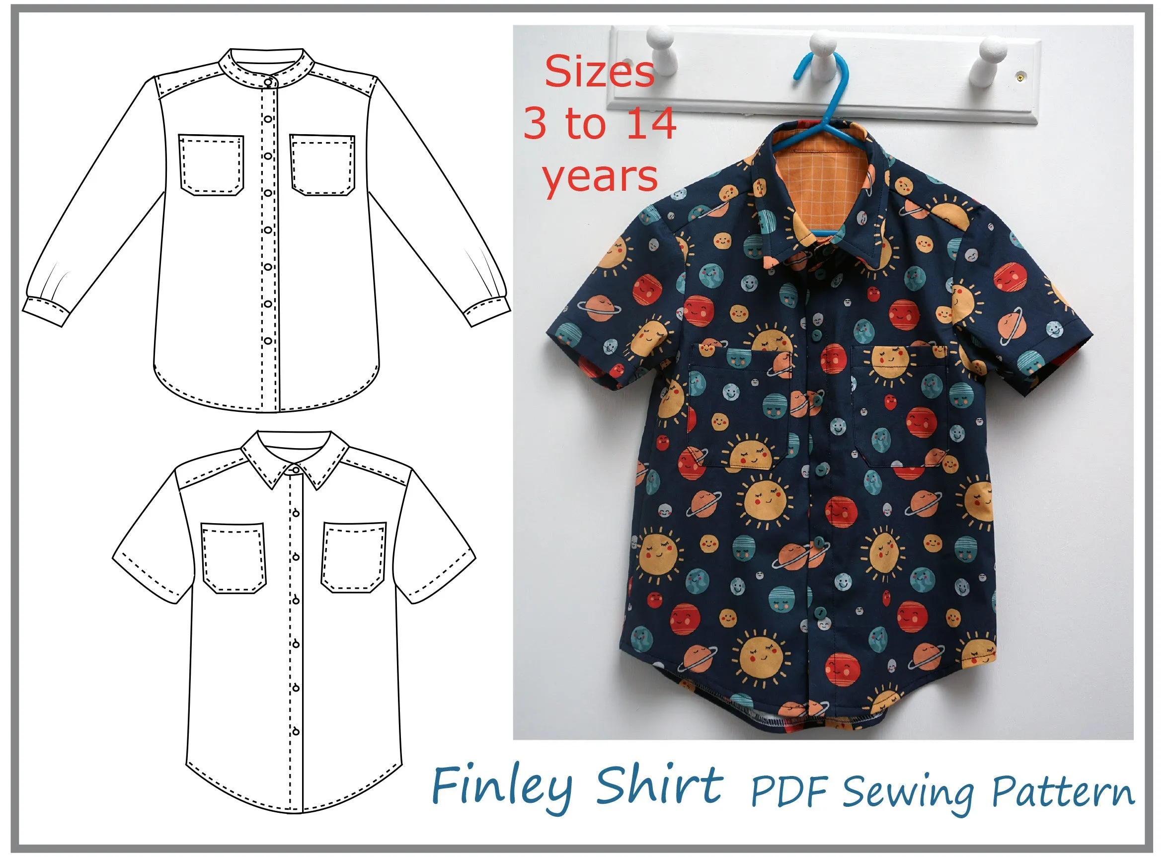 Boy's school shirt, classic shirt sizes 3 to 14 years PDF sewing pattern. FINLEY SHIRT.