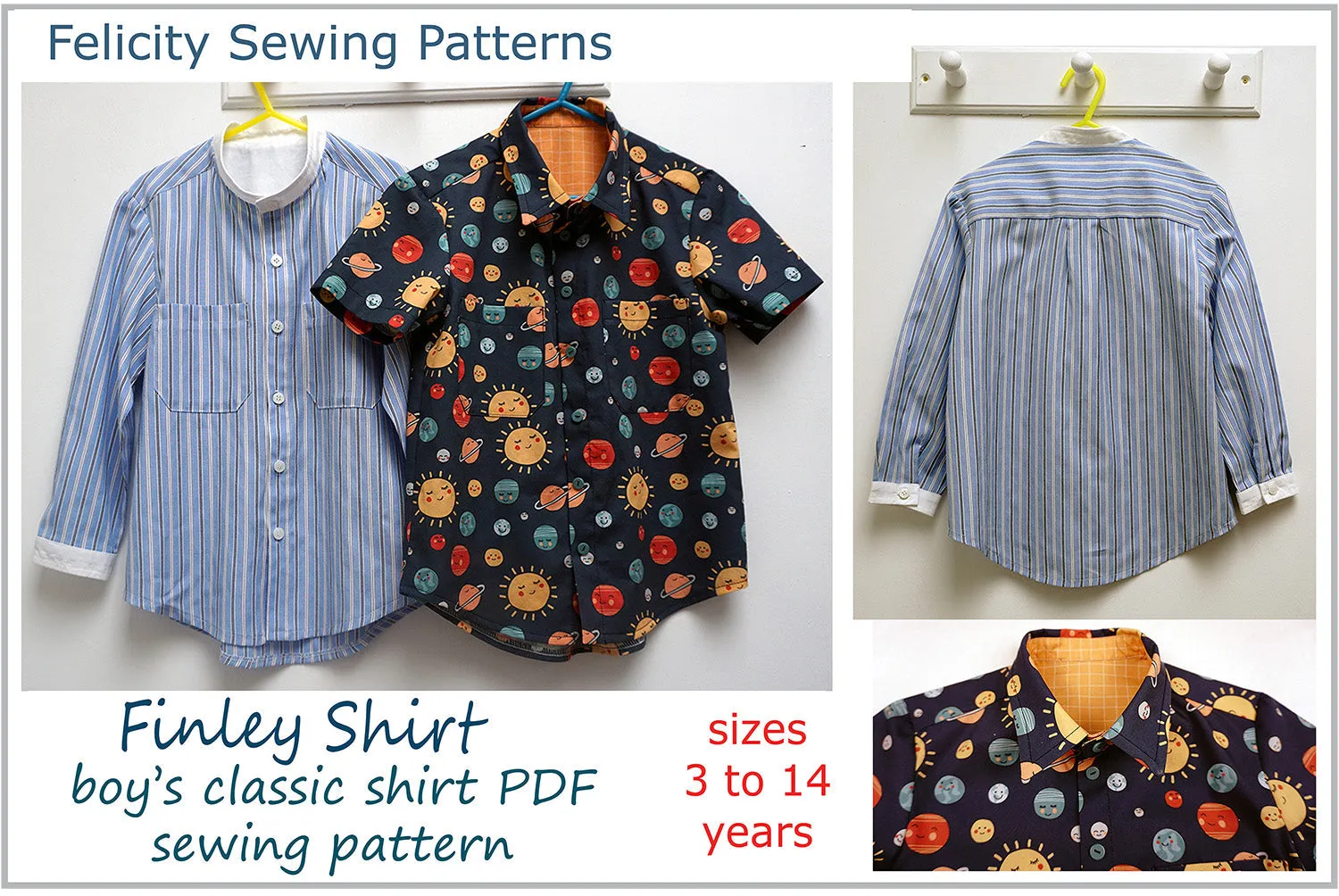 Boy's school shirt, classic shirt sizes 3 to 14 years PDF sewing pattern. FINLEY SHIRT.