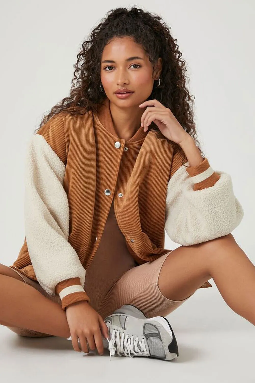 Buckskin Corduroy Fleece Patchwork Buttoned Bomber Coat