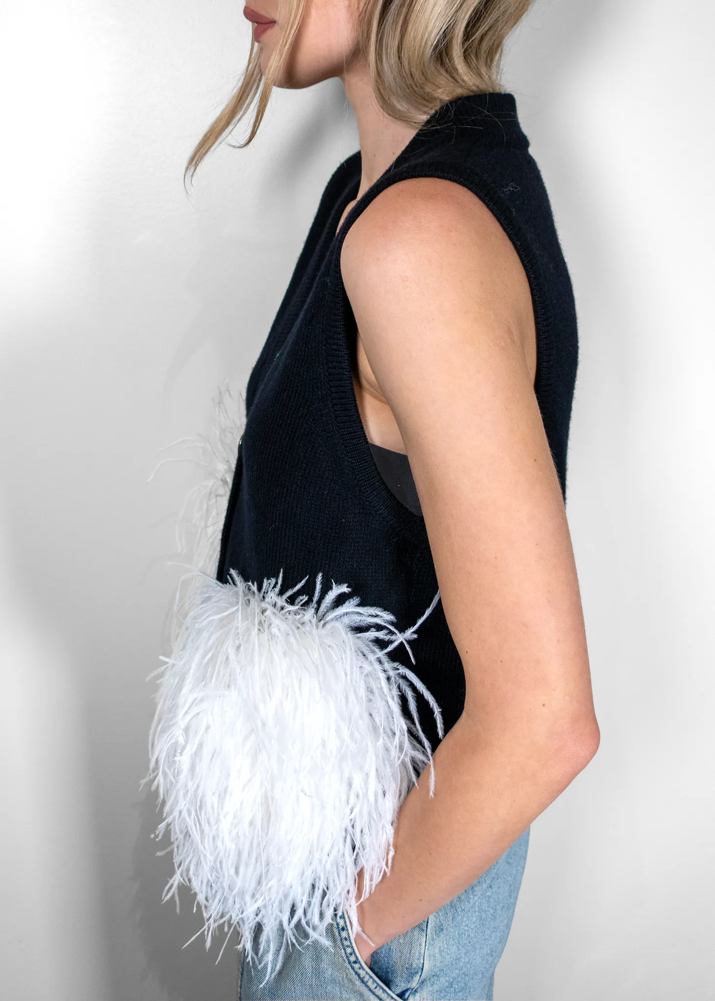 Chanel Black Cashmere & White Ostrich Feathers Vest