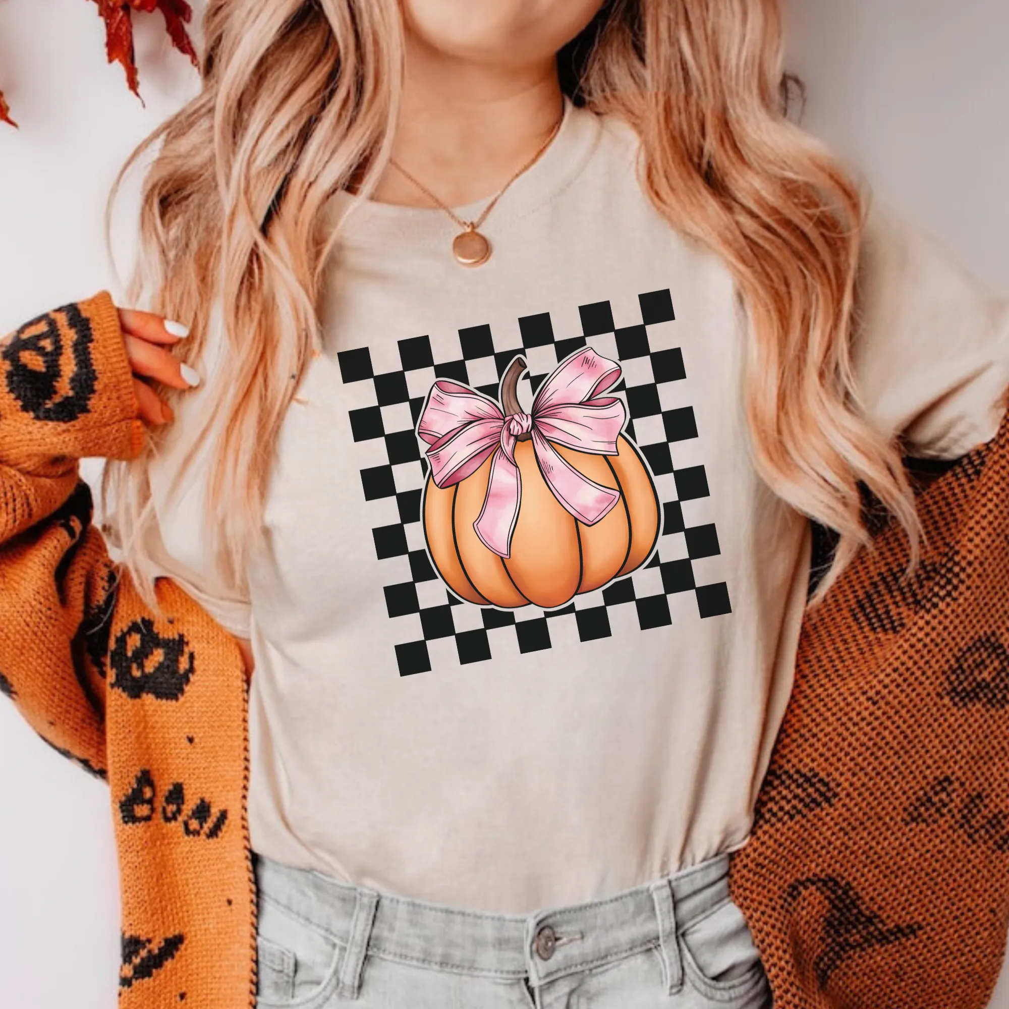 Checkered Pumpkin Pink Bow Coquette Shirt