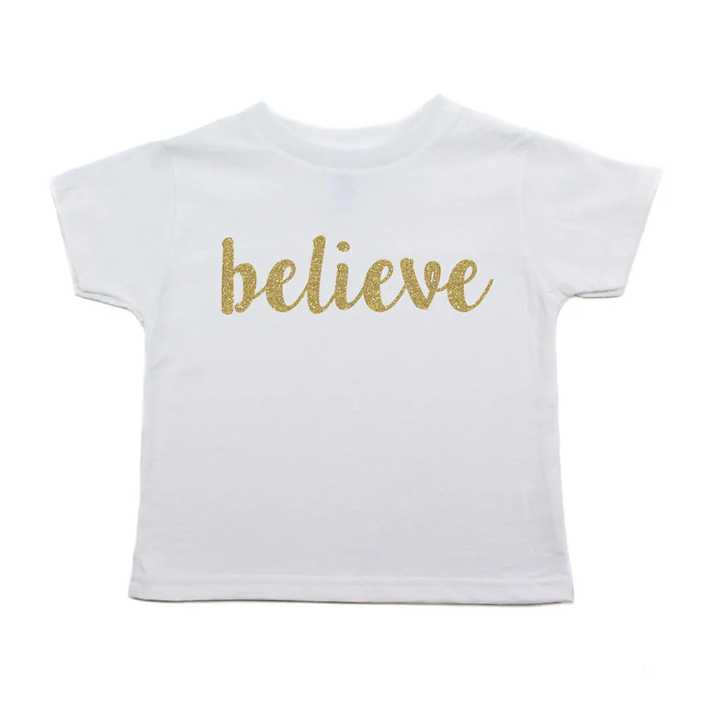 Christmas Gold Glitter Believe Toddler Short Sleeve T-Shirts