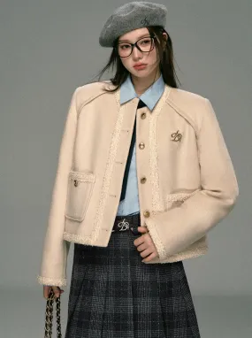 Classic Tweed Cropped Jacket: Beige Button-Front Blazer with Frayed Edges and Gold Logo Pin