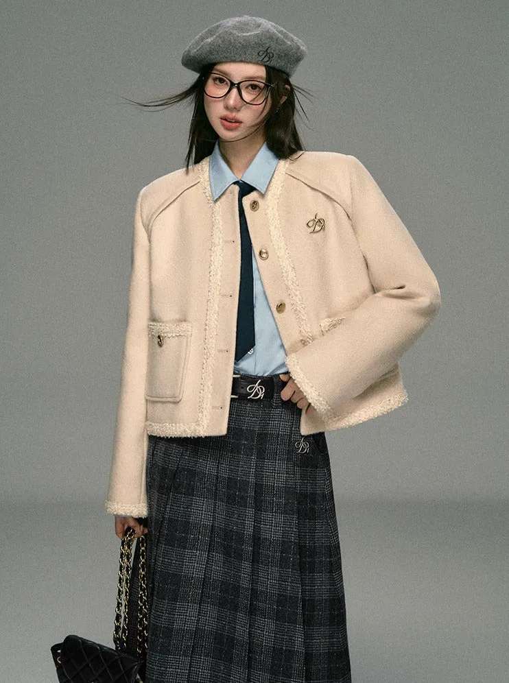 Classic Tweed Cropped Jacket: Beige Button-Front Blazer with Frayed Edges and Gold Logo Pin