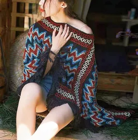 Colorful Crochet Patterned Pull Over Fringe Poncho