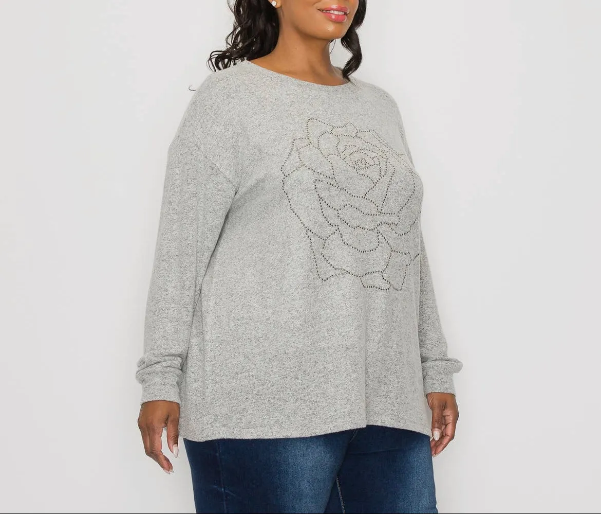 Cozy Knit Long Sleeve Rose Stud Pullover